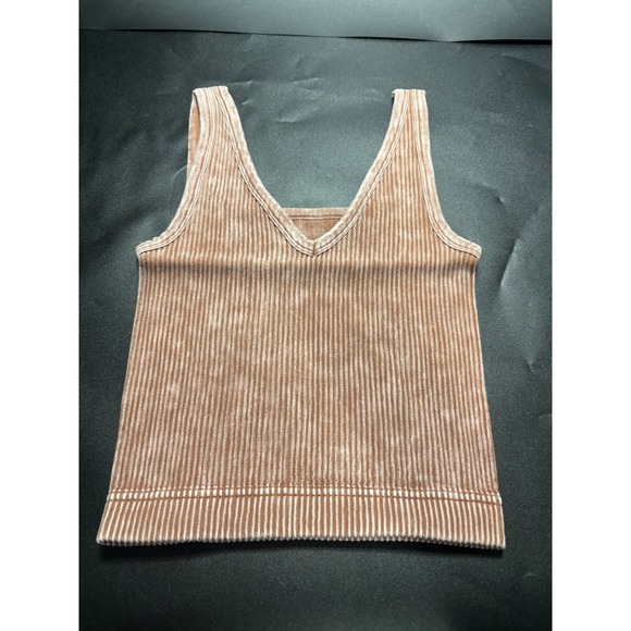 Boutique Tops - Zenana NEW Seamless‎ Ribbed Mineral Wash V-Neck Cropped Tank Top Tan  Size S/M